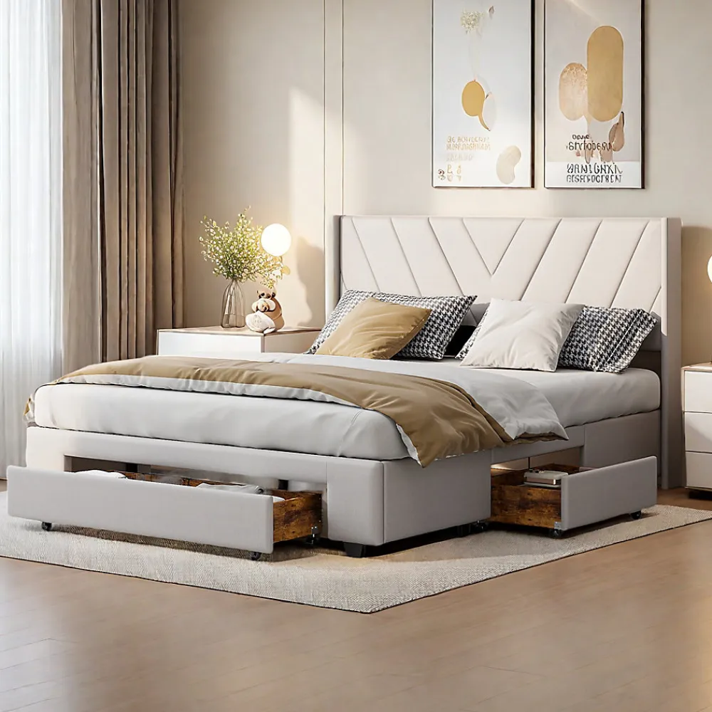 Lit double 160x200 cm lin beige avec 3 tiroirs, cadre rembourré, Tissu doux, confortable et facile à entretenir>ProximaX