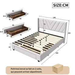 Lit double 160x200 cm lin beige avec 3 tiroirs, cadre rembourré, Tissu doux, confortable et facile à entretenir><noscript><img width=