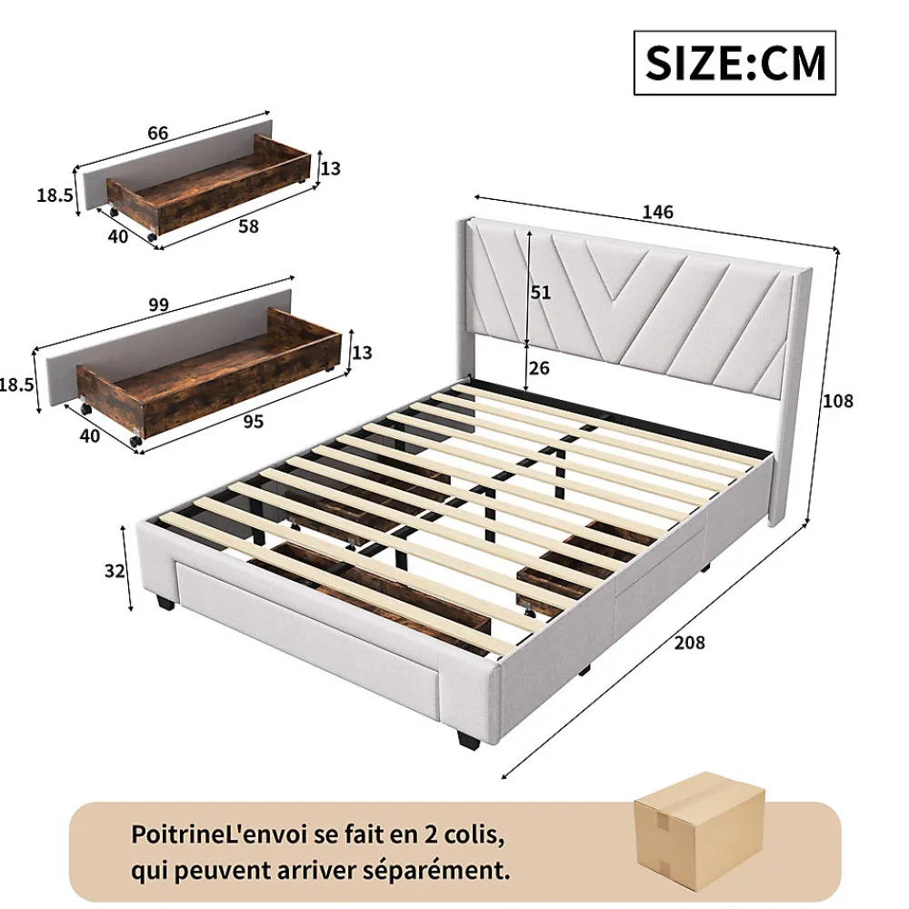 Lit double 160x200 cm lin beige avec 3 tiroirs, cadre rembourré, Tissu doux, confortable et facile à entretenir>ProximaX