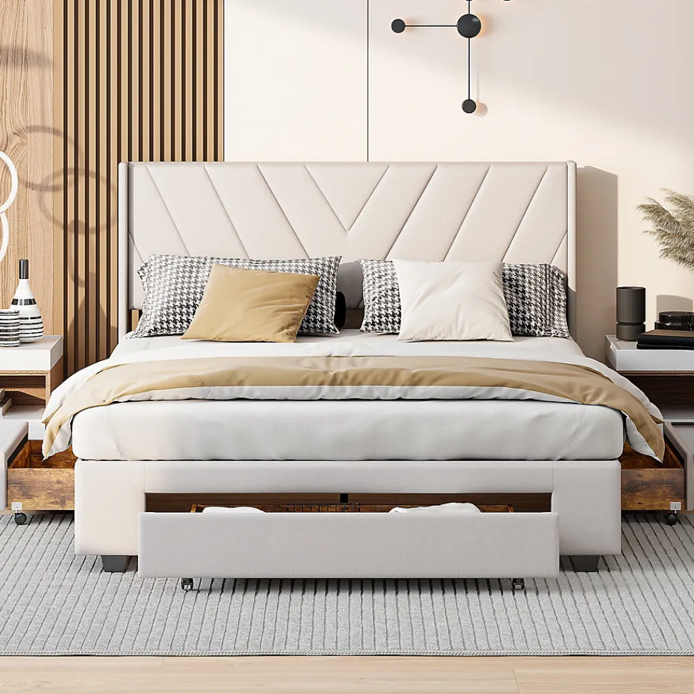 Lit double 160x200 cm lin beige avec 3 tiroirs, cadre rembourré, Tissu doux, confortable et facile à entretenir>ProximaX