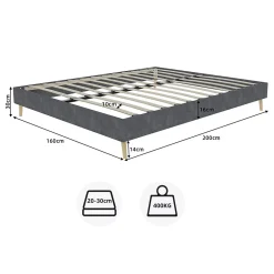Lit Double 160x200 cm, Lit Adulte et Ado avec Cadre Bas Minimaliste, Design Stable en Velours Hollandais Gris, Sans Matelas><noscript><img width=