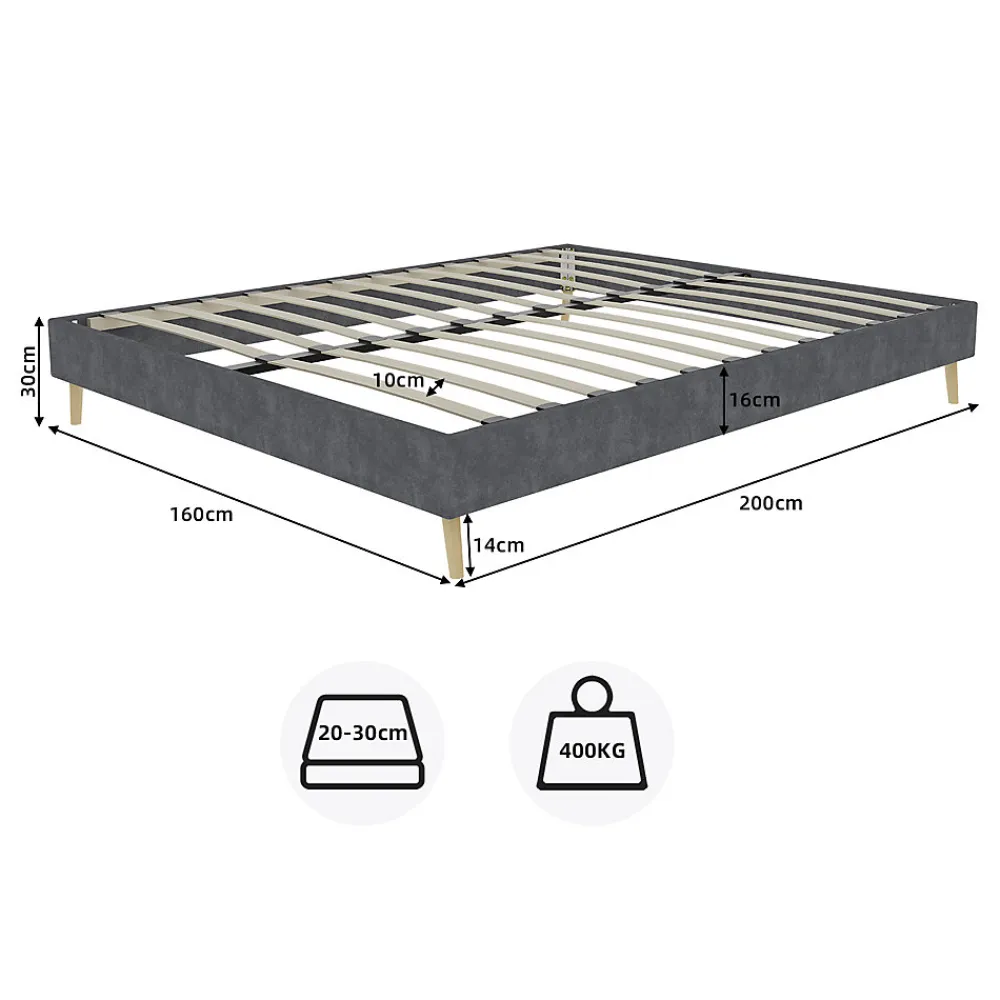 Lit Double 160x200 cm, Lit Adulte et Ado avec Cadre Bas Minimaliste, Design Stable en Velours Hollandais Gris, Sans Matelas>Okwish Hot