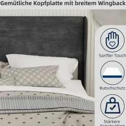 Okwish Lit Double 160x200 cm, Lit Adulte avec Tête de Lit Douce et Cadre Bas, Velours et Métal, Gris, sans Matelas* Lit Double