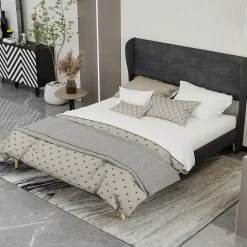Okwish Lit Double 160x200 cm, Lit Adulte avec Tête de Lit Douce et Cadre Bas, Velours et Métal, Gris, sans Matelas* Lit Double