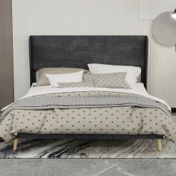 Okwish Lit Double 160x200 cm, Lit Adulte avec Tête de Lit Douce et Cadre Bas, Velours et Métal, Gris, sans Matelas* Lit Double