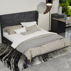 Okwish Lit Double 160x200 cm, Lit Adulte avec Tête de Lit Douce et Cadre Bas, Velours et Métal, Gris, sans Matelas* Lit Double