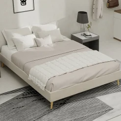 Lit Double 140x200 cm, Lit Adulte et Ado avec Cadre Bas Minimaliste, Design Stable en Velours Néerlandais Beige, Sans Matelas>Okwish Sale