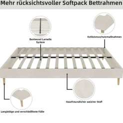 Lit Double 140x200 cm, Lit Adulte et Ado avec Cadre Bas Minimaliste, Design Stable en Velours Néerlandais Beige, Sans Matelas><noscript><img width=