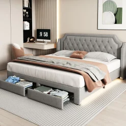 Lit Double 180x200 cm, Lit Capitonné avec LED et 2 Tiroirs, Structure en Tissu Lin et Métal, Gris - Sans Matelas>Okwish