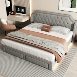Lit Double 180x200 cm, Lit Capitonné avec LED et 2 Tiroirs, Structure en Tissu Lin et Métal, Gris - Sans Matelas><noscript><img width=