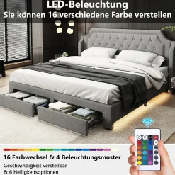 Lit Double 180x200 cm, Lit Capitonné avec LED et 2 Tiroirs, Structure en Tissu Lin et Métal, Gris - Sans Matelas><noscript><img width=
