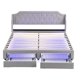 Lit Double 180x200 cm, Lit Capitonné avec LED et 2 Tiroirs, Structure en Tissu Lin et Métal, Gris - Sans Matelas><noscript><img width=