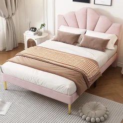 Okwish Lit double 140x200 cm, Lit capitonné en velours avec tête de lit coquillage et pieds dorés - Sans Matelas, Rose* Lit Double