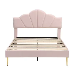Okwish Lit double 140x200 cm, Lit capitonné en velours avec tête de lit coquillage et pieds dorés - Sans Matelas, Rose* Lit Double