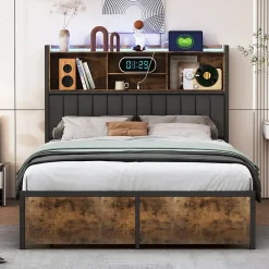Fortuna lai Lit Double 160x200 Cm, Lit Capitonné Avec LED Et Prises USB, Pu Tête De Lit Avec Rangement, Noir* Lit Coffre