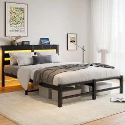 Lit Double 140x190 cm, Lit Métal Ado avec Éclairage LED et Prises USB, Rangement Sous le Lit, Sans Matelas, Métal et Bois, Noir>Okwish