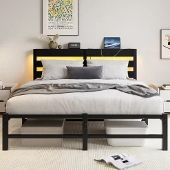 Lit Double 140x190 cm, Lit Métal Ado avec Éclairage LED et Prises USB, Rangement Sous le Lit, Sans Matelas, Métal et Bois, Noir>Okwish