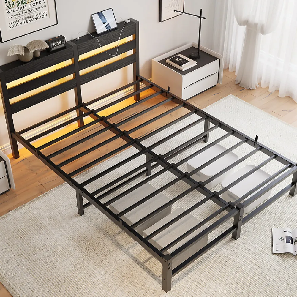 Lit Double 140x190 cm, Lit Métal Ado avec Éclairage LED et Prises USB, Rangement Sous le Lit, Sans Matelas, Métal et Bois, Noir>Okwish