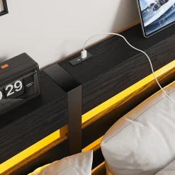 Lit Double 140x190 cm, Lit Métal Ado avec Éclairage LED et Prises USB, Rangement Sous le Lit, Sans Matelas, Métal et Bois, Noir><noscript><img width=