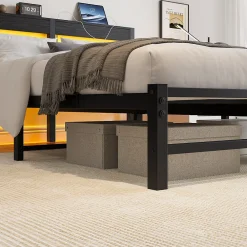 Lit Double 140x190 cm, Lit Métal Ado avec Éclairage LED et Prises USB, Rangement Sous le Lit, Sans Matelas, Métal et Bois, Noir><noscript><img width=