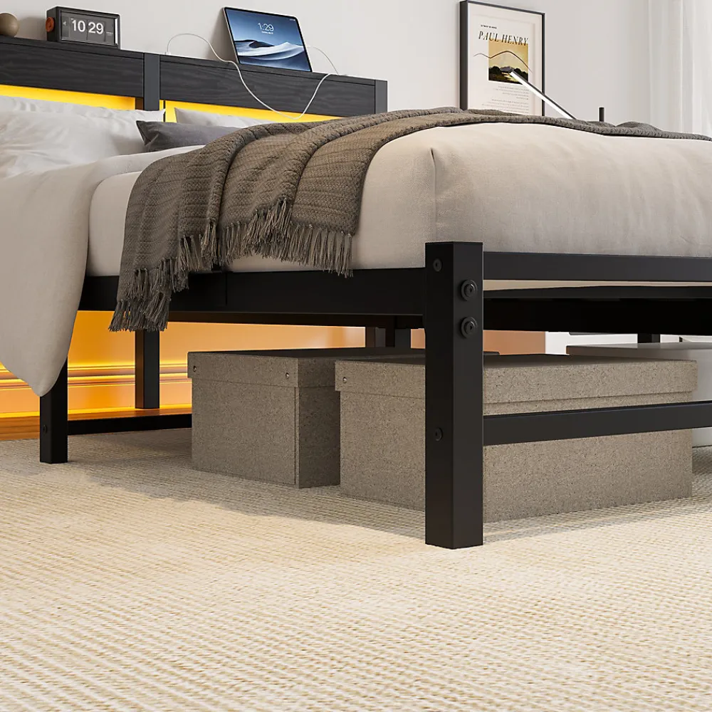 Lit Double 140x190 cm, Lit Métal Ado avec Éclairage LED et Prises USB, Rangement Sous le Lit, Sans Matelas, Métal et Bois, Noir>Okwish