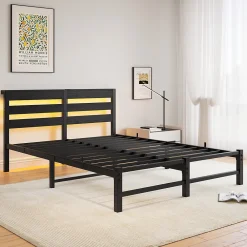 Lit Double 140x190 cm, Lit Métal Ado avec Éclairage LED et Prises USB, Rangement Sous le Lit, Sans Matelas, Métal et Bois, Noir><noscript><img width=
