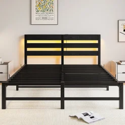 Lit Double 140x190 cm, Lit Métal Ado avec Éclairage LED et Prises USB, Rangement Sous le Lit, Sans Matelas, Métal et Bois, Noir><noscript><img width=