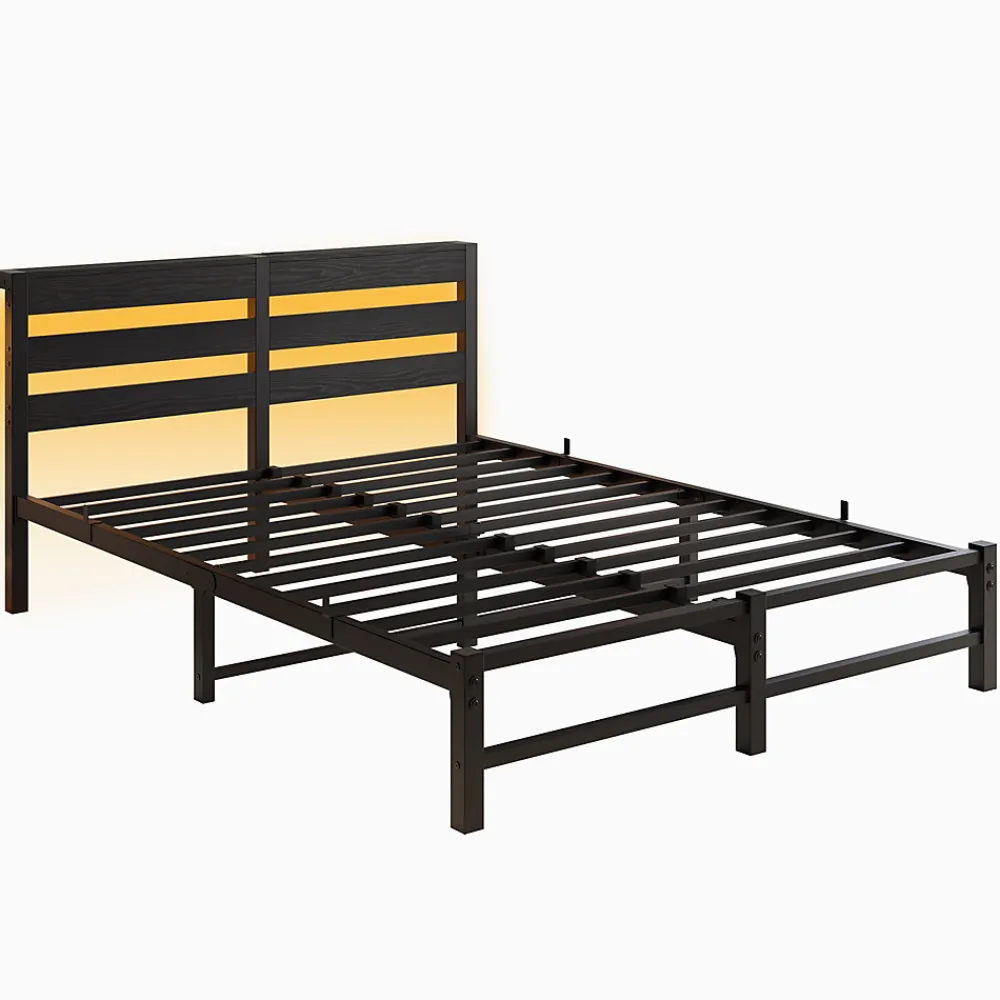 Lit Double 140x190 cm, Lit Métal Ado avec Éclairage LED et Prises USB, Rangement Sous le Lit, Sans Matelas, Métal et Bois, Noir>Okwish