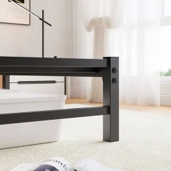 Lit Double 140x200 cm, Lit Métal Ado avec Éclairage LED et Prises USB, Rangement dessous, Sans Matelas, Métal et Bois, Noir, Brun><noscript><img width=
