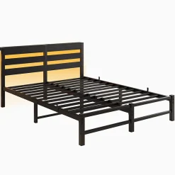 Okwish Lit Double 140x200 cm, Lit Métal Ado avec Éclairage LED et Prises USB, Rangement dessous, Sans Matelas, Métal et Bois, Noir* Lit Double