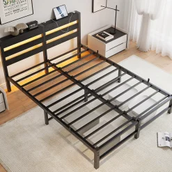 Okwish Lit Double 140x200 cm, Lit Métal Ado avec Éclairage LED et Prises USB, Rangement dessous, Sans Matelas, Métal et Bois, Noir* Lit Double