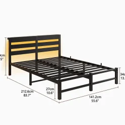 Okwish Lit Double 140x200 cm, Lit Métal Ado avec Éclairage LED et Prises USB, Rangement dessous, Sans Matelas, Métal et Bois, Noir* Lit Double