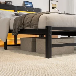 Okwish Lit Double 140x200 cm, Lit Métal Ado avec Éclairage LED et Prises USB, Rangement dessous, Sans Matelas, Métal et Bois, Noir* Lit Double