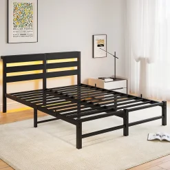 Okwish Lit Double 140x200 cm, Lit Métal Ado avec Éclairage LED et Prises USB, Rangement dessous, Sans Matelas, Métal et Bois, Noir* Lit Double