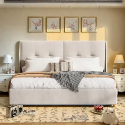 Lit double 140x200 cm moderne avec tête rembourrée, LED intégrées et rangement sous sommier, design minimaliste beige>ProximaX New