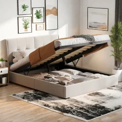 Lit double 140x200 cm moderne avec tête rembourrée, LED intégrées et rangement sous sommier, design minimaliste beige>ProximaX New