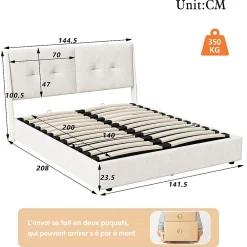 Lit double 140x200 cm moderne avec tête rembourrée, LED intégrées et rangement sous sommier, design minimaliste beige><noscript><img width=