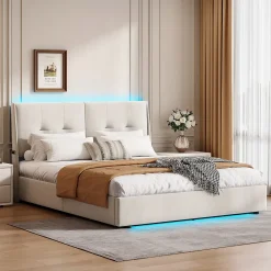 Lit double 140x200 cm moderne avec tête rembourrée, LED intégrées et rangement sous sommier, design minimaliste beige><noscript><img width=