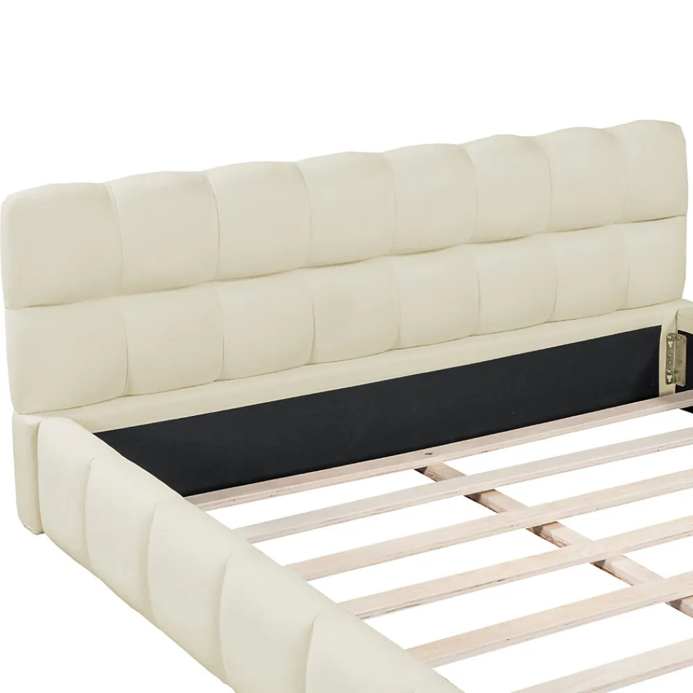 Lit double 160x200 cm pour jeune avec dossier et bordure rembourrés, sommier à lattes, lin, matelas non inclus, Beige>ProximaX New