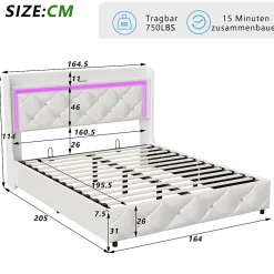 Lit double 160x200 cm PU blanc capitonné cristal avec coffre hydraulique, ports de charge et lumière LED><noscript><img width=