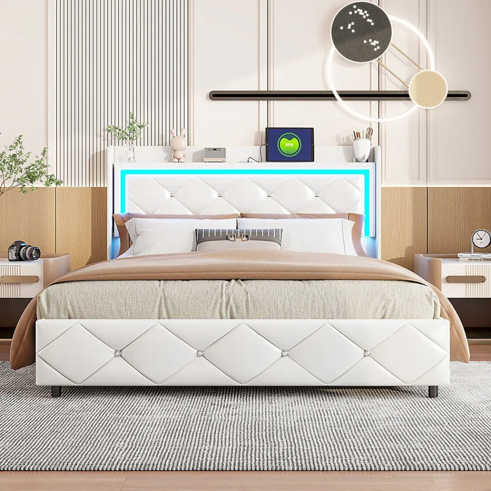 Lit double 160x200 cm PU blanc capitonné cristal avec coffre hydraulique, ports de charge et lumière LED>ProximaX Discount