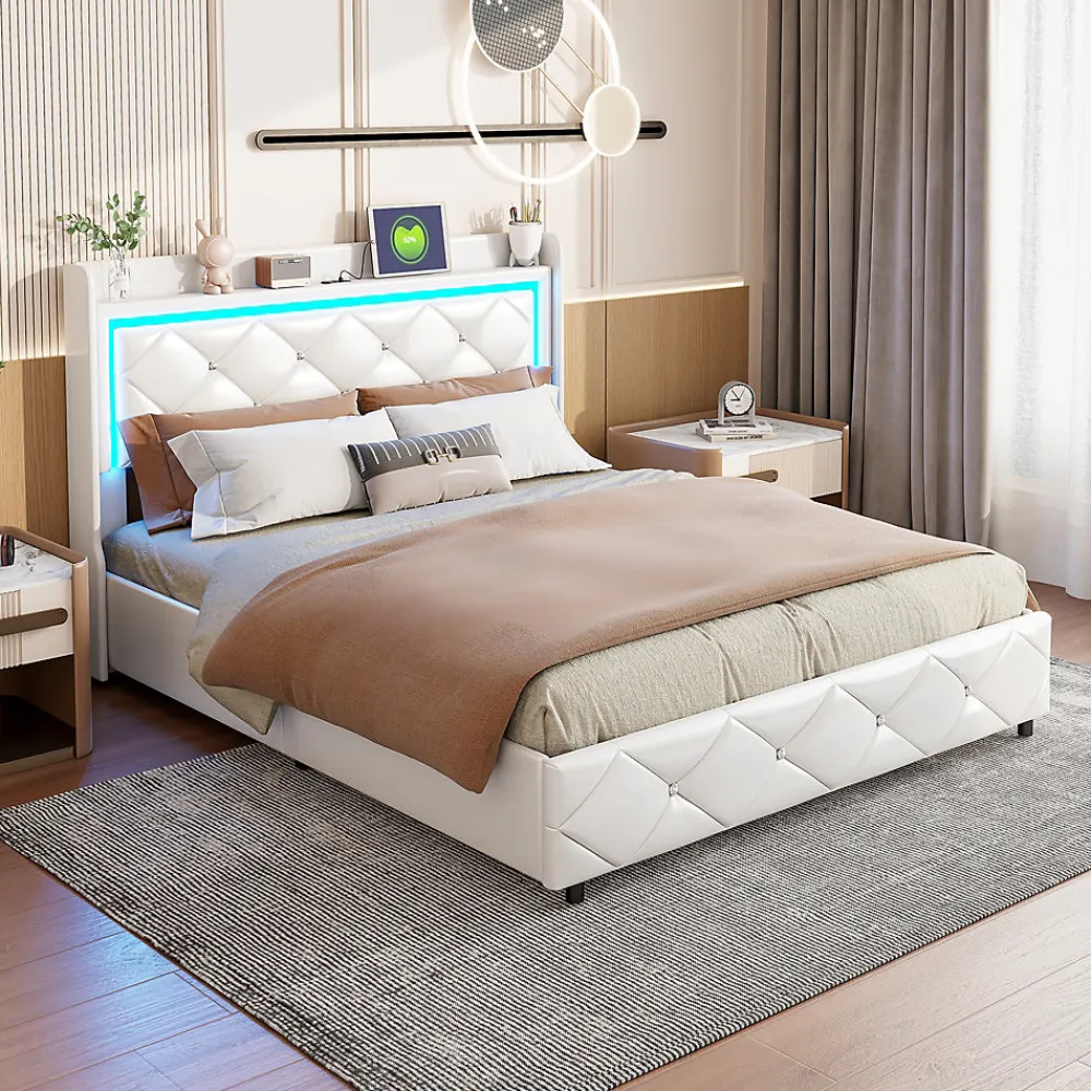 Lit double 160x200 cm PU blanc capitonné cristal avec coffre hydraulique, ports de charge et lumière LED>ProximaX Discount