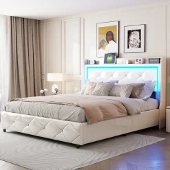 Lit double 160x200 cm PU blanc capitonné cristal avec coffre hydraulique, ports de charge et lumière LED><noscript><img width=