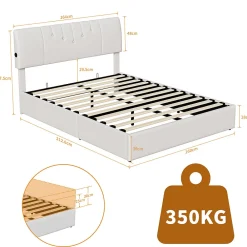 Lit double 160x200 cm, rangement à vérin hydraulique, tête de lit USB, cadre robuste, bouclette, Crème>Simple Life Online