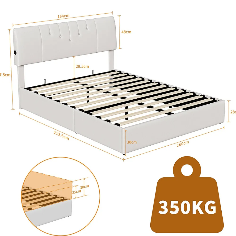 Lit double 160x200 cm, rangement à vérin hydraulique, tête de lit USB, cadre robuste, bouclette, Crème>Simple Life Online
