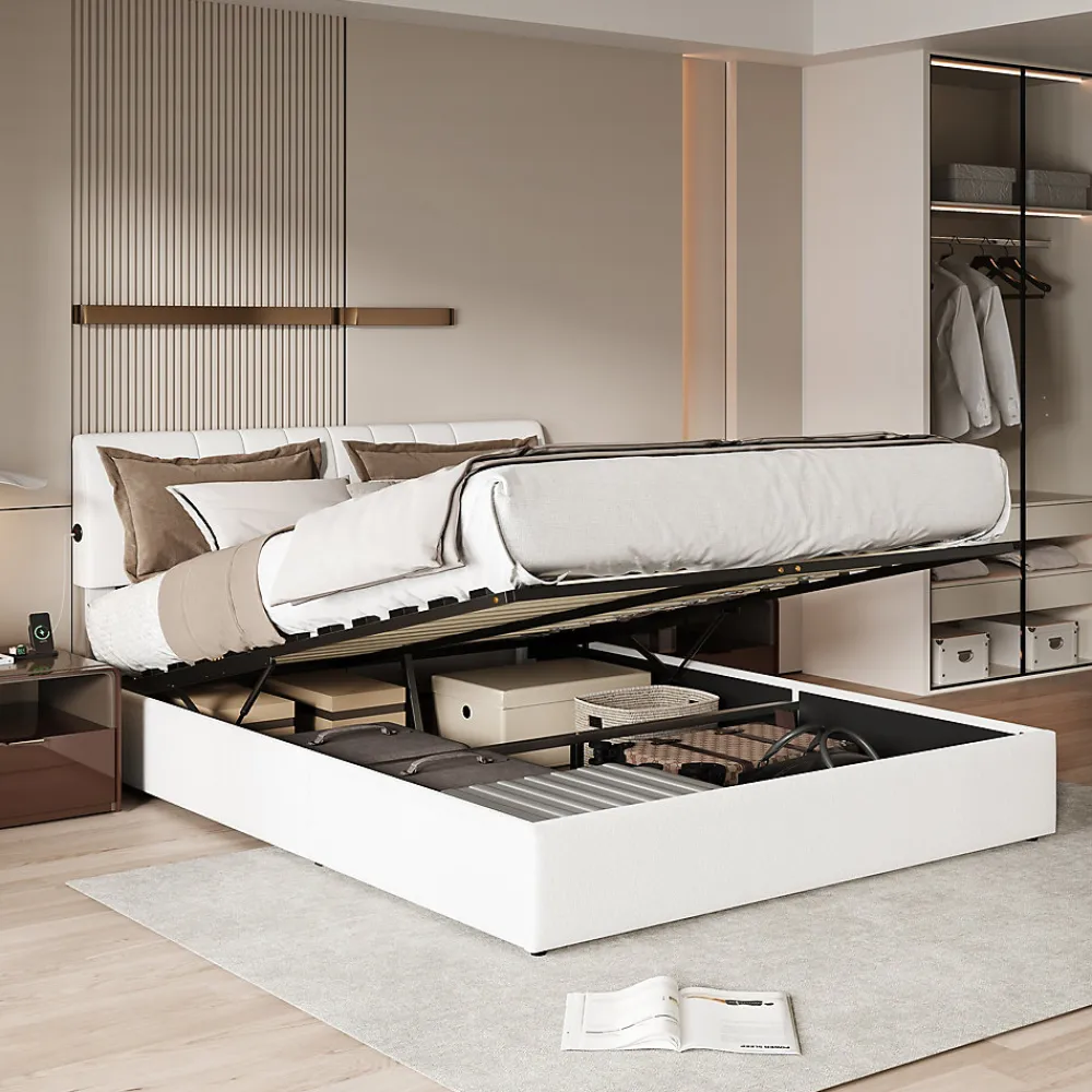 Lit double 160x200 cm, rangement à vérin hydraulique, tête de lit USB, cadre robuste, bouclette, Crème>Simple Life Online