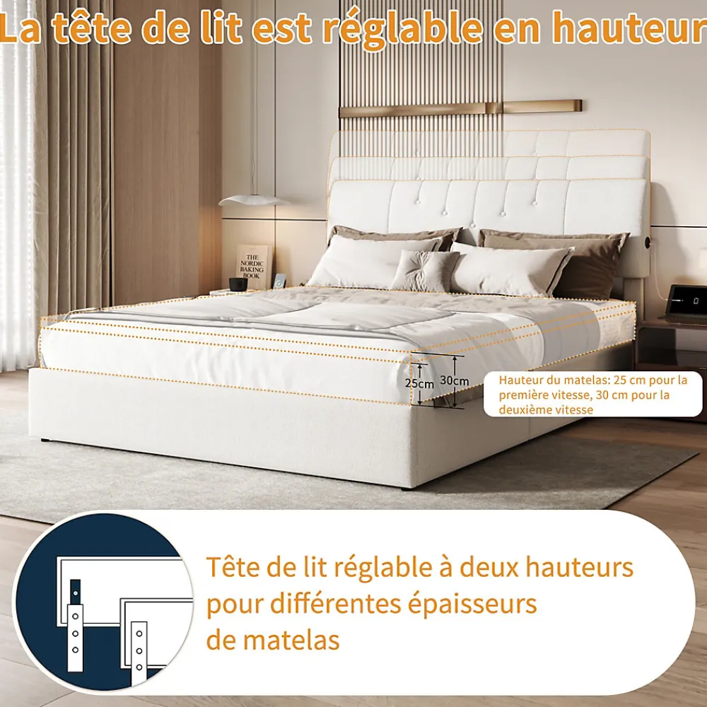 Lit double 160x200 cm, rangement à vérin hydraulique, tête de lit USB, cadre robuste, bouclette, Crème>Simple Life Online