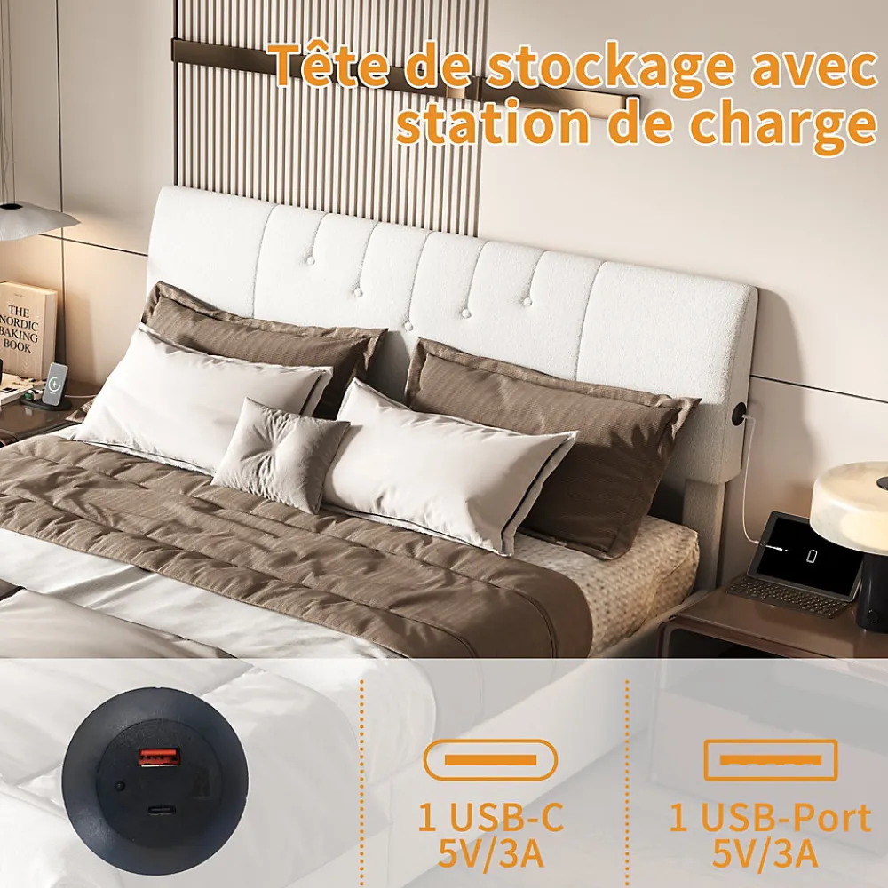 Lit double 160x200 cm, rangement à vérin hydraulique, tête de lit USB, cadre robuste, bouclette, Crème>Simple Life Online