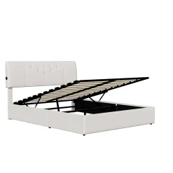 Lit double 160x200 cm, rangement à vérin hydraulique, tête de lit USB, cadre robuste, bouclette, Crème><noscript><img width=