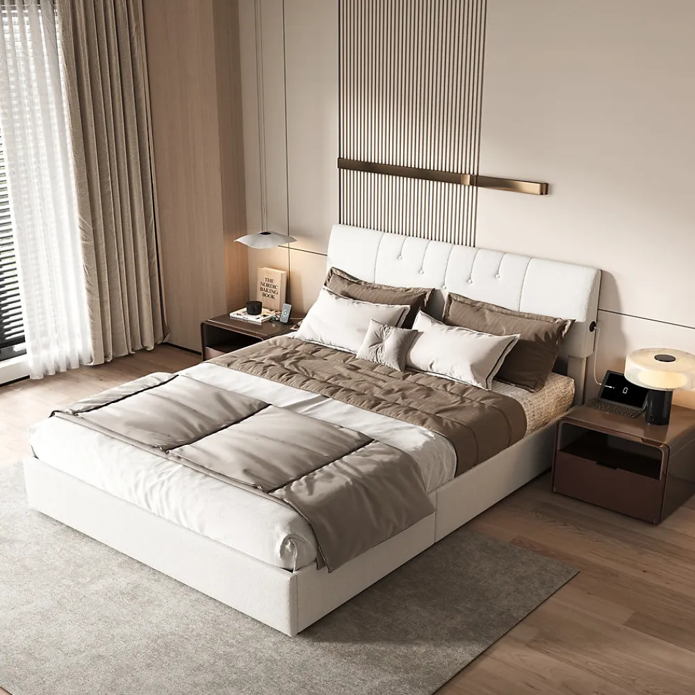 Lit double 160x200 cm, rangement à vérin hydraulique, tête de lit USB, cadre robuste, bouclette, Crème>Simple Life Online